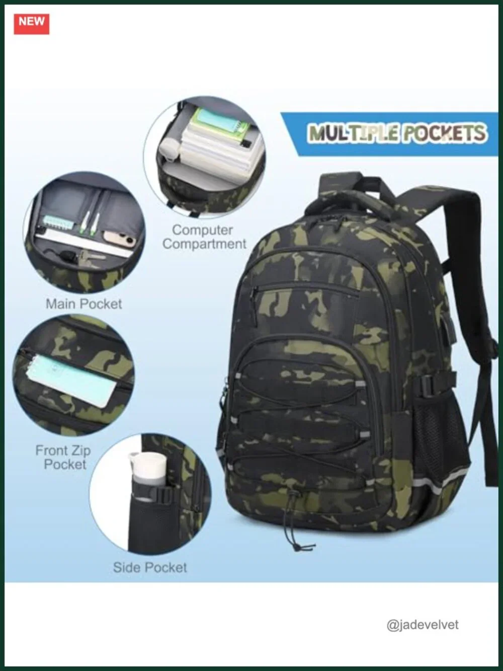 Camo Backpack with USB Charging Port, Lunch Bag & Pencil Case Set